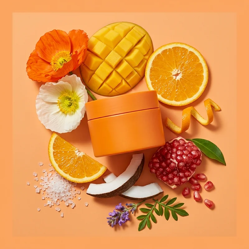 Vibrant orange fruit & floral flat lay