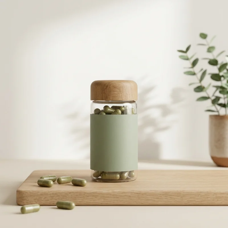 Natural supplement bottle on wood