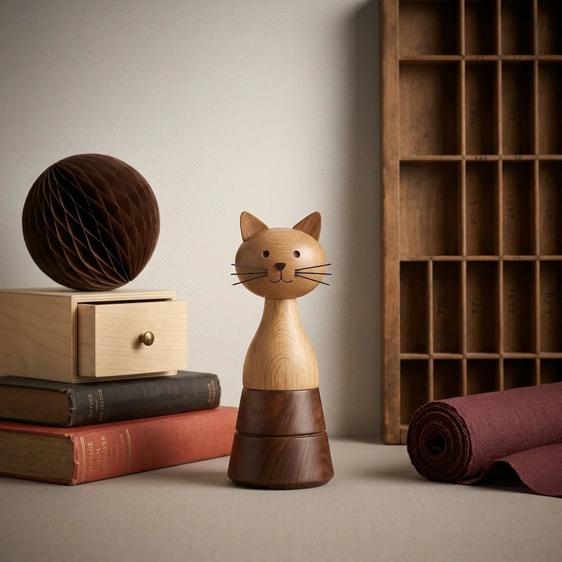 Artisanal wooden cat still life