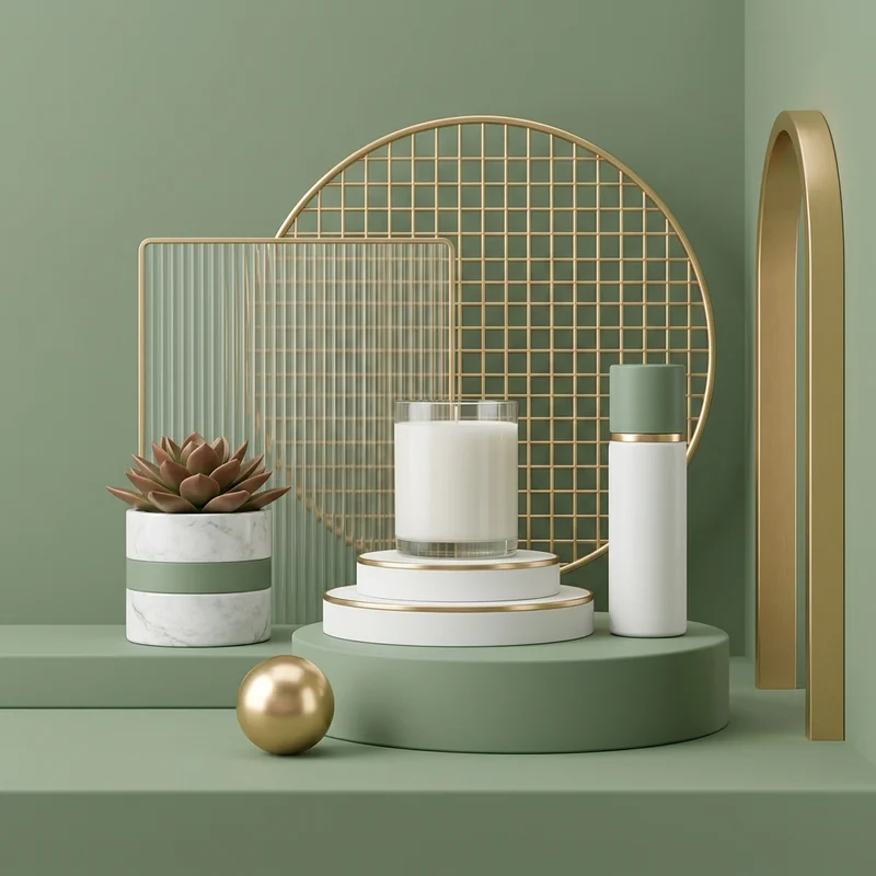 Modern teal product display with gold