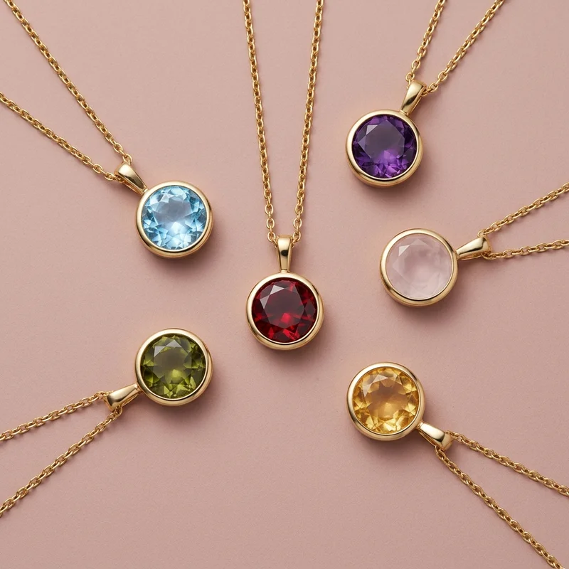 Colorful gemstone necklaces on pink