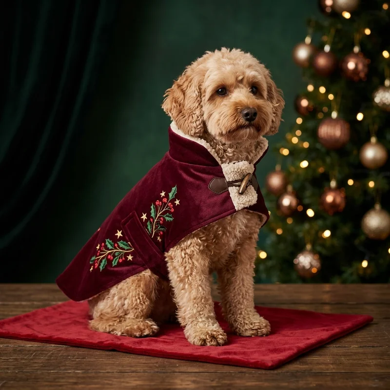 Festive velvet pet cape on dog