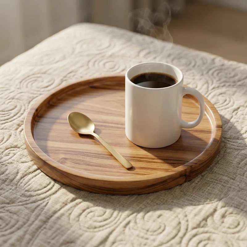 Cozy morning coffee on wooden tray