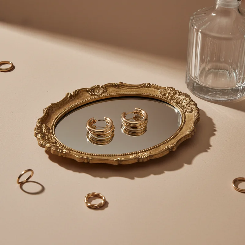 Vintage gold jewelry on mirror tray