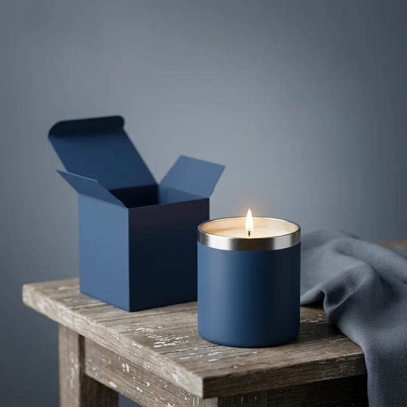 Cozy candle and box on wood