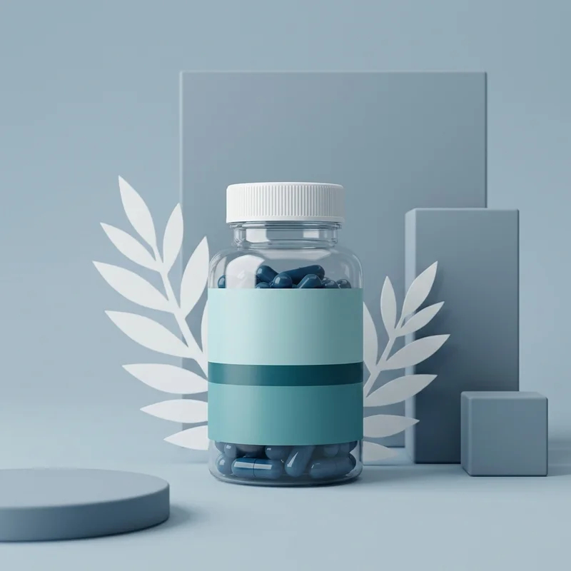 Modern supplement bottle on blue