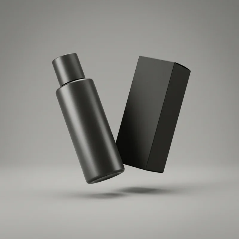 Floating black bottle and box
