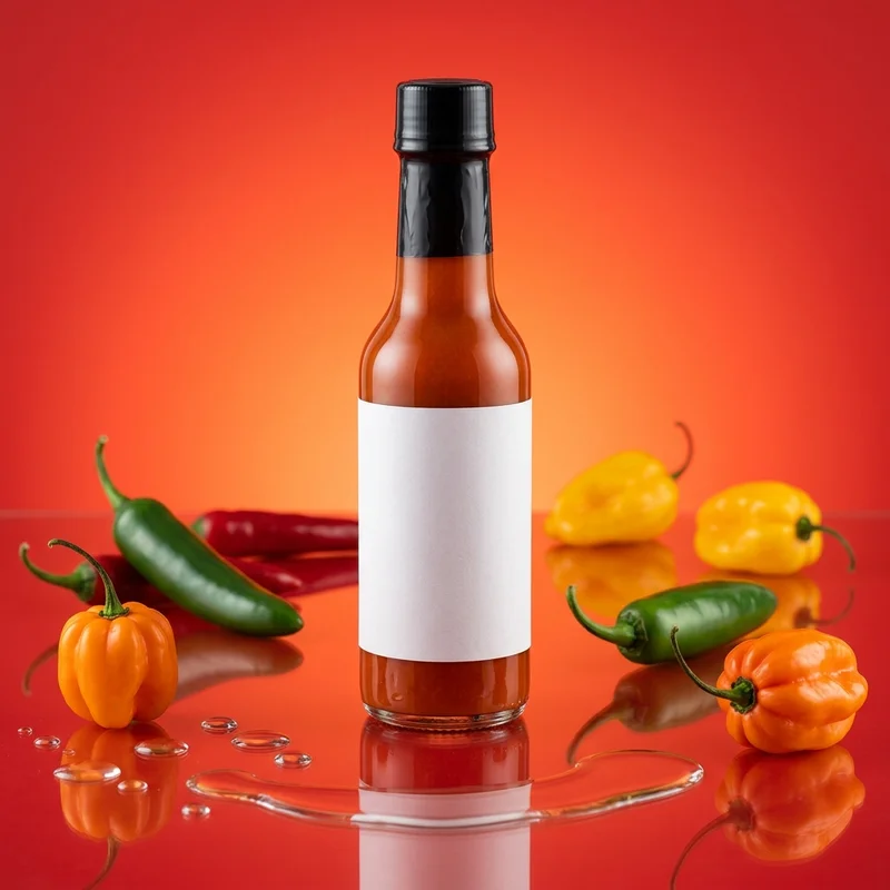 Vibrant hot sauce on reflective glass