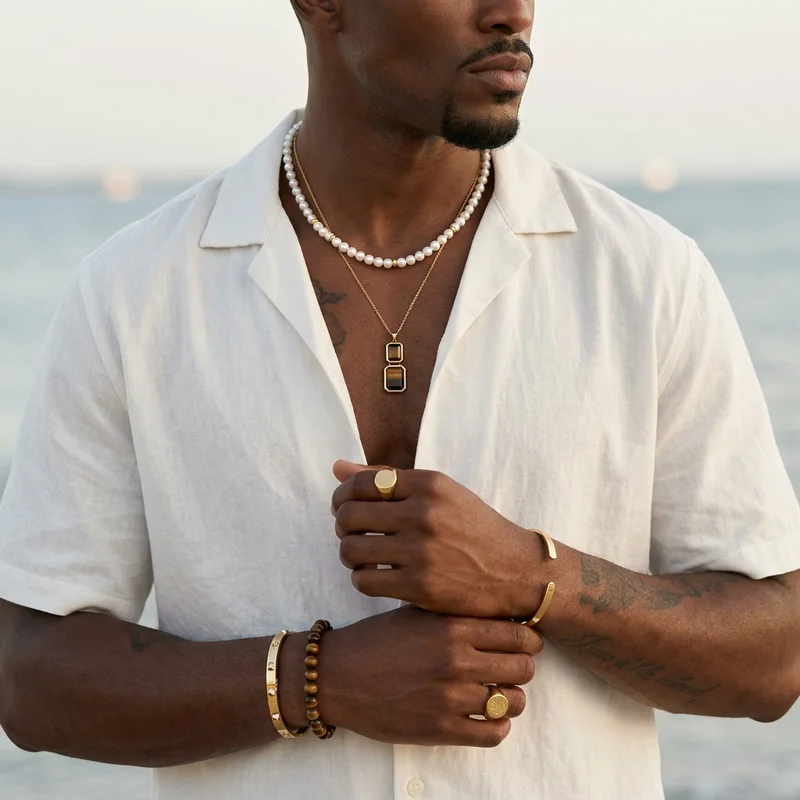 Men's jewelry on beach model