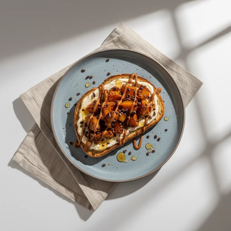 Gourmet squash toast on blue plate