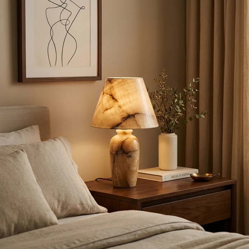 Warm marble lamp on nightstand