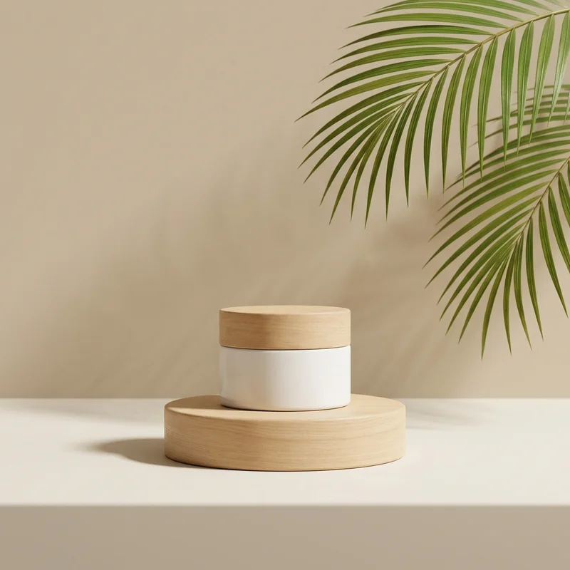 Natural skincare on wooden podium