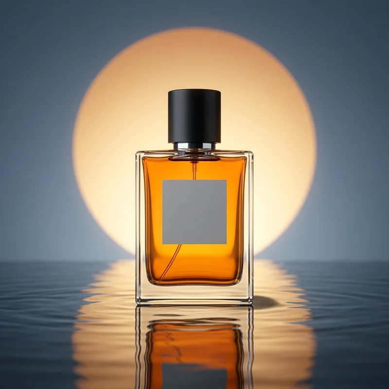 Perfume bottle on water at sunset