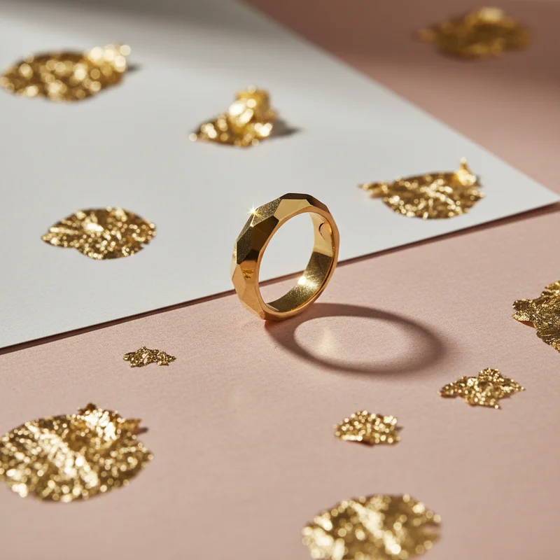 Faceted gold ring on pink and white