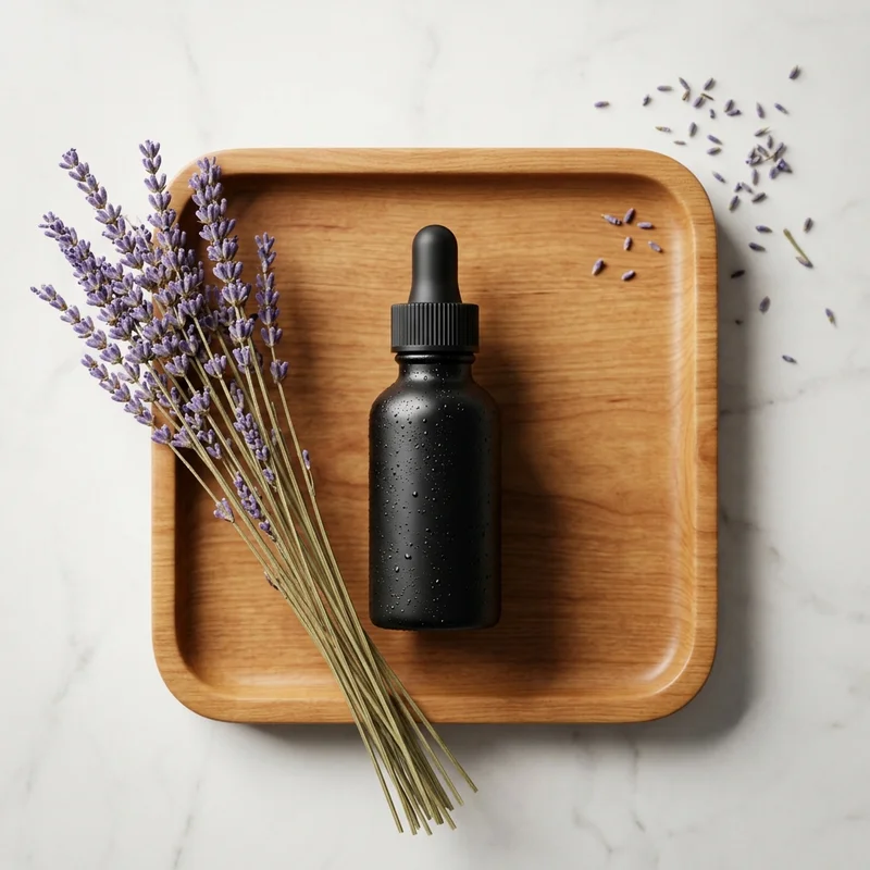 Lavender serum on wooden tray