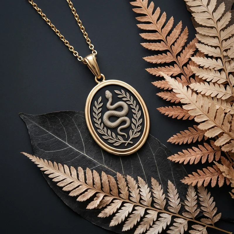 Gold snake cameo pendant with ferns