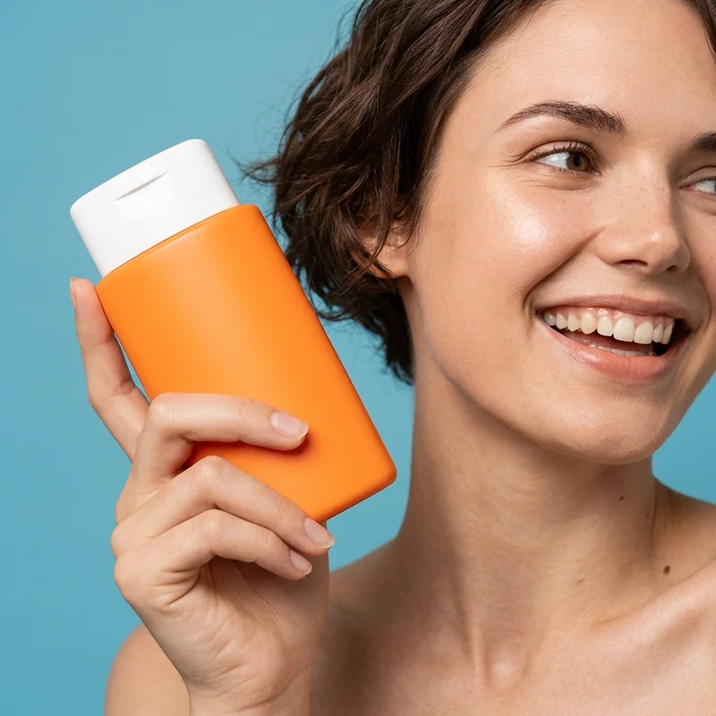 Cheerful skincare model on blue
