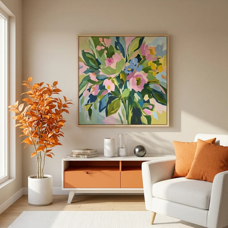 Modern lounge with abstract floral art