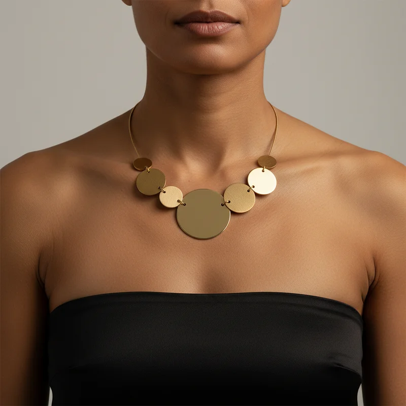 Modern gold disc necklace on model