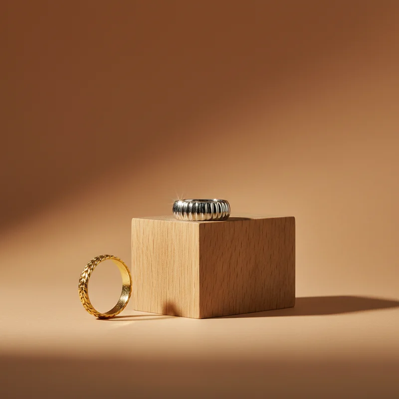 Elegant rings on wood pedestal
