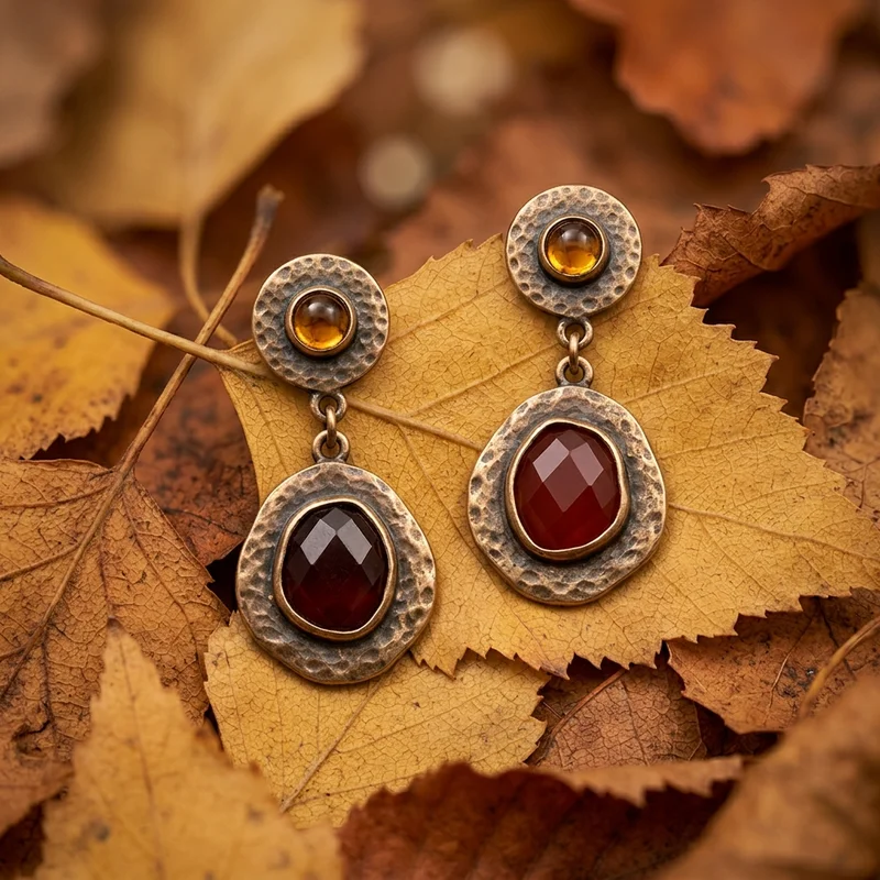 Vintage earrings on autumn leaves