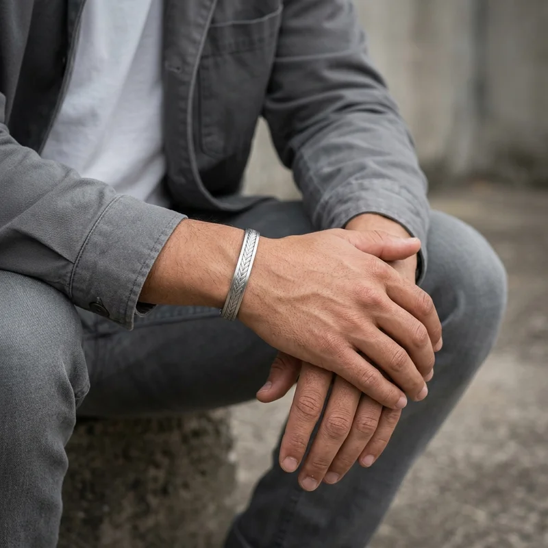 Textured silver cuff on model