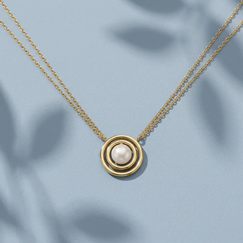 Gold pearl necklace on blue