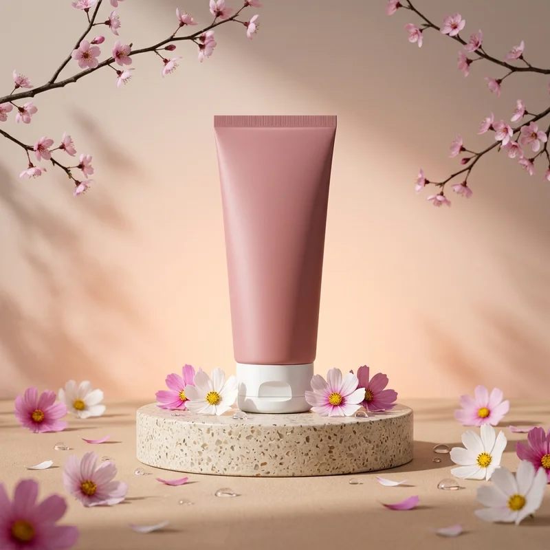 Pink cosmetic tube with spring flowers