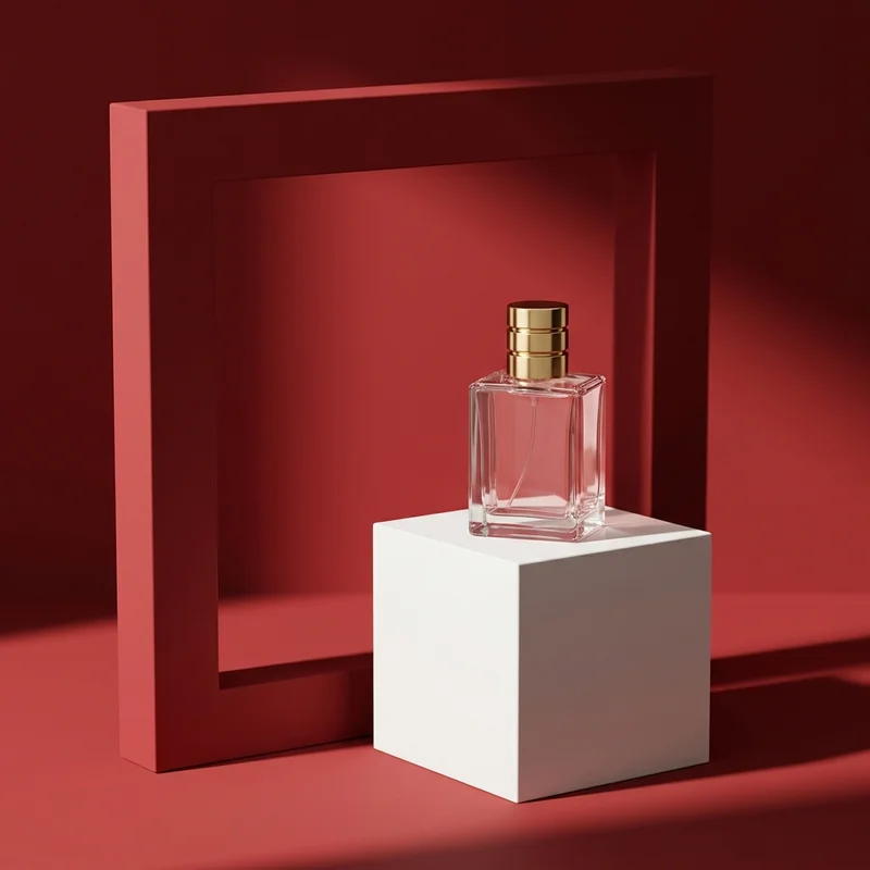 Modern perfume on red with shadows