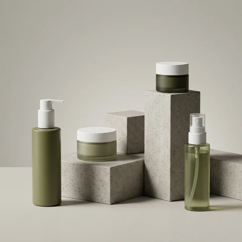 Minimalist green skincare on stone