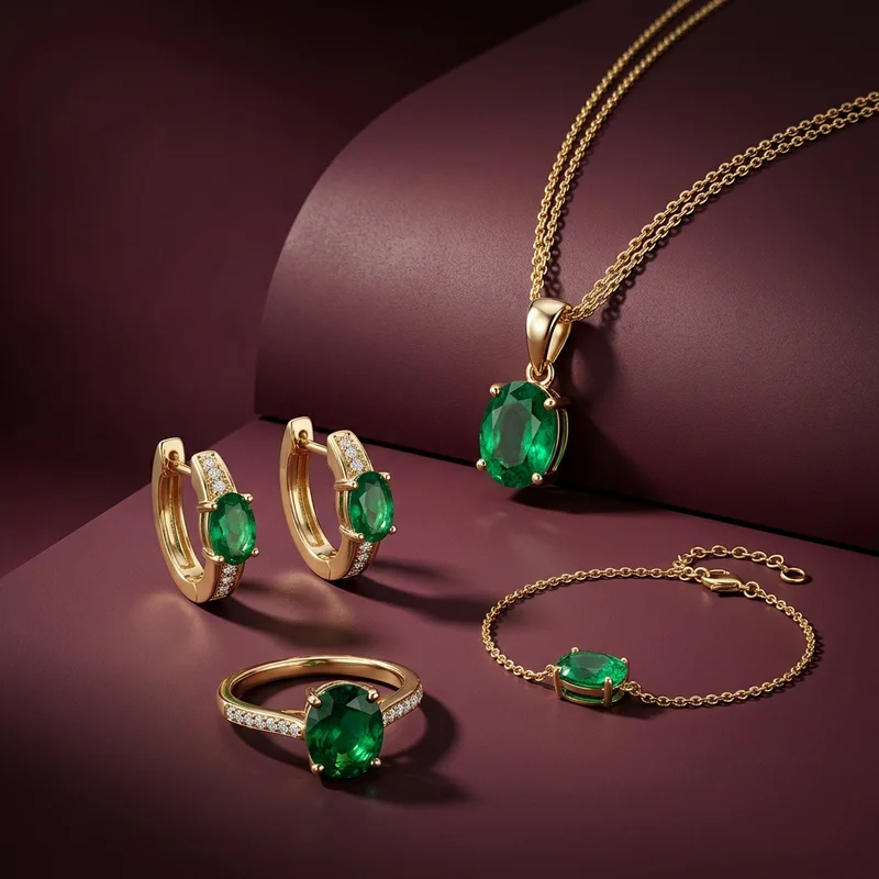 Elegant emerald jewelry set on burgundy