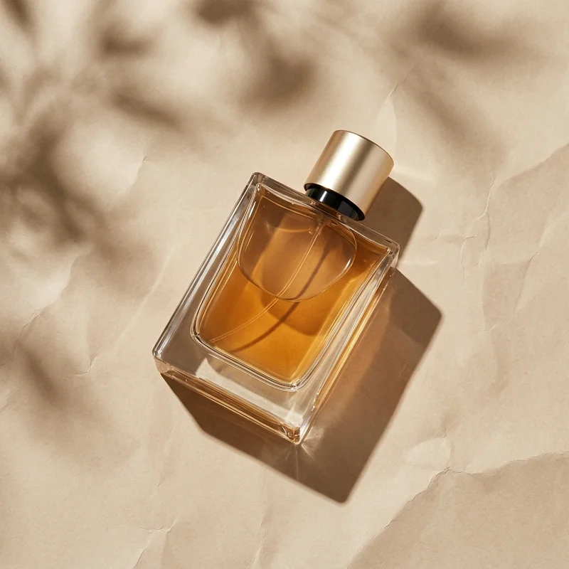 Warm amber fragrance flat lay