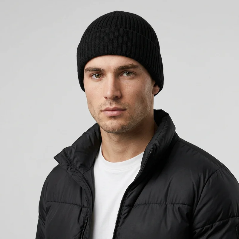 Black ribbed beanie on model