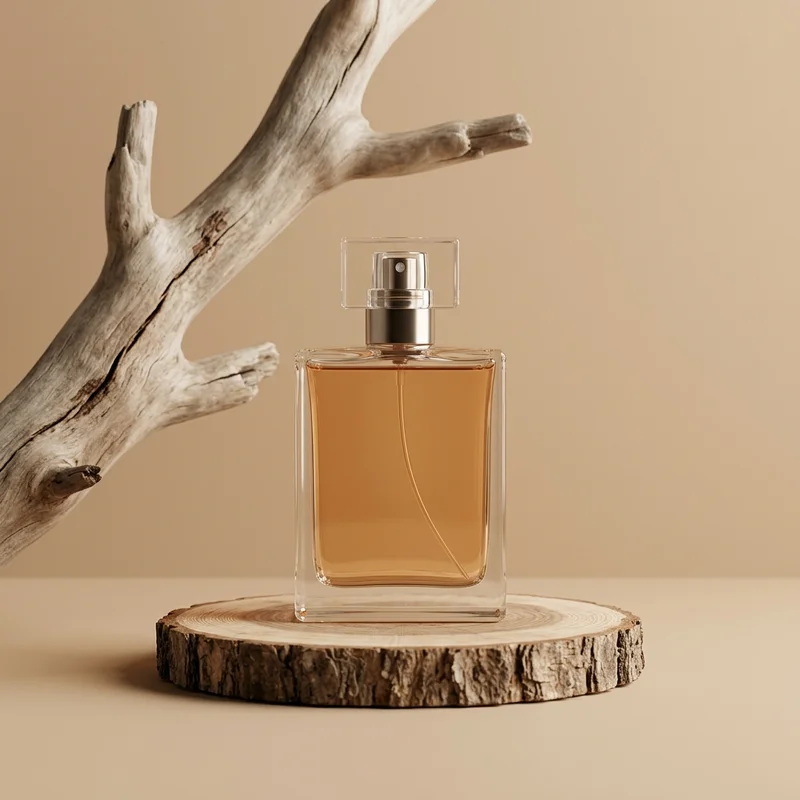 Natural perfume on wood podium