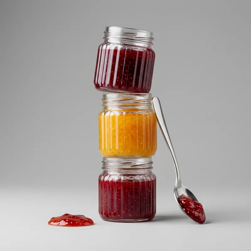 Stacked jam jars with floating spoon