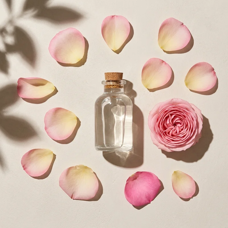 Rose petals and serum bottle