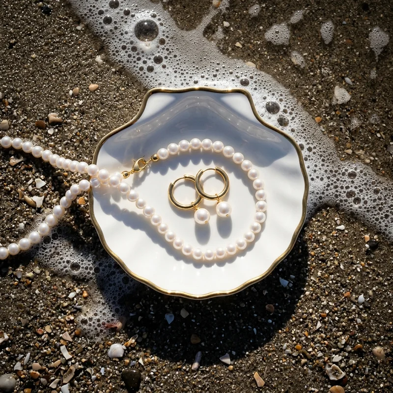 Pearl jewelry on beach sand