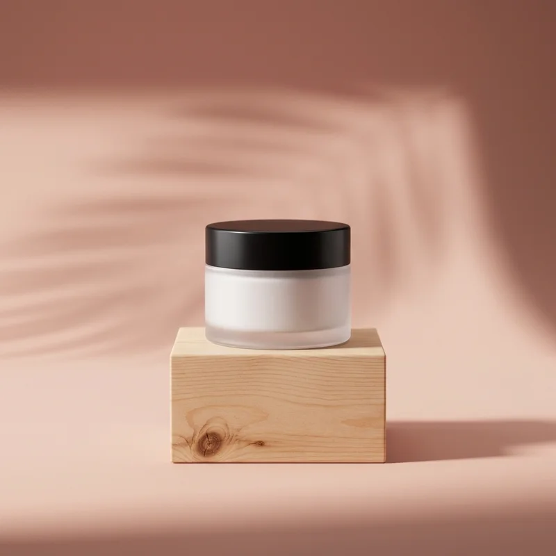 Natural skincare on wood podium