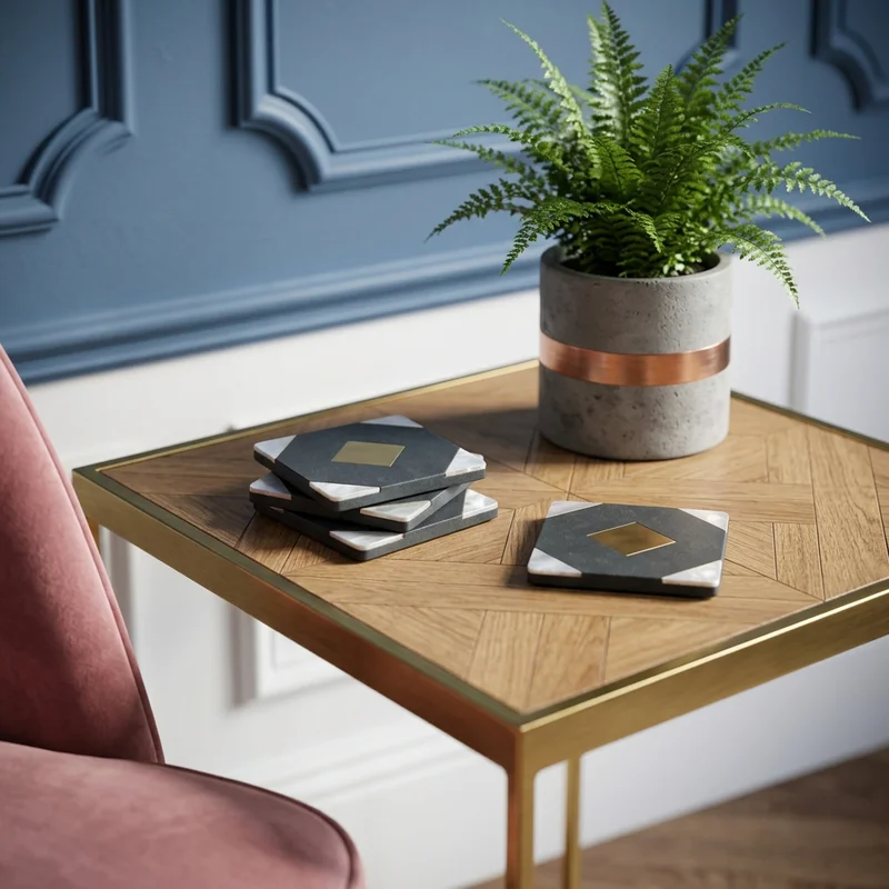 Geometric stone coasters on modern table