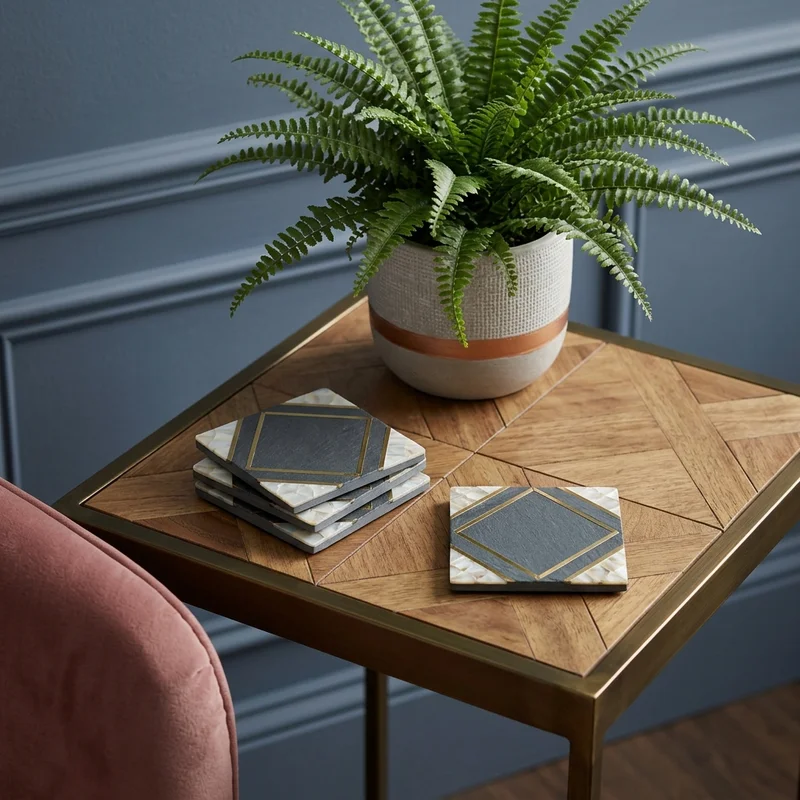 Modern coasters on geometric wood table