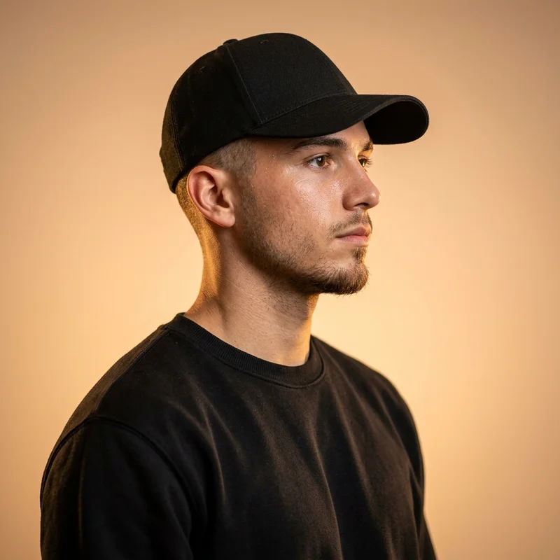 Minimalist black baseball cap on model