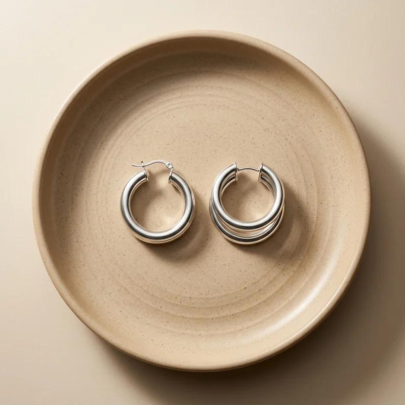 Silver hoop earrings on ceramic plate