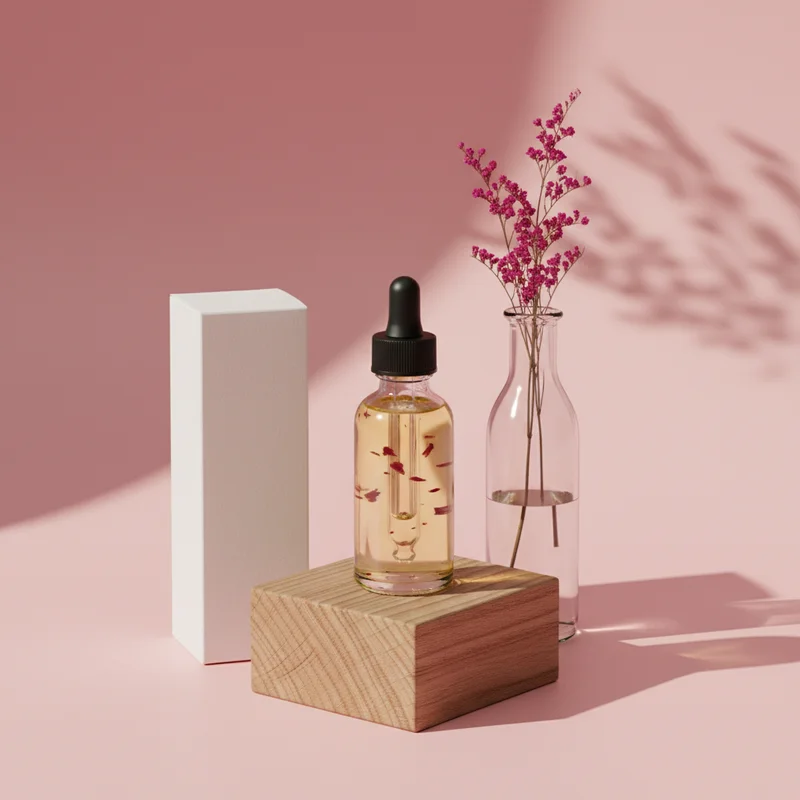 Pink serum with dried flowers