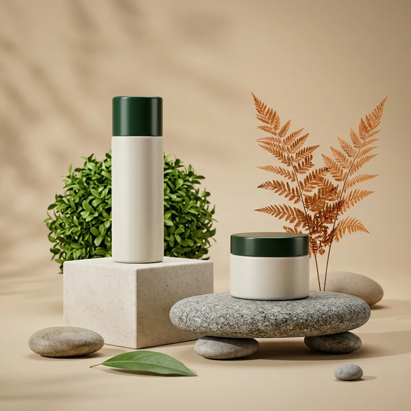 Natural skincare on stone pedestals