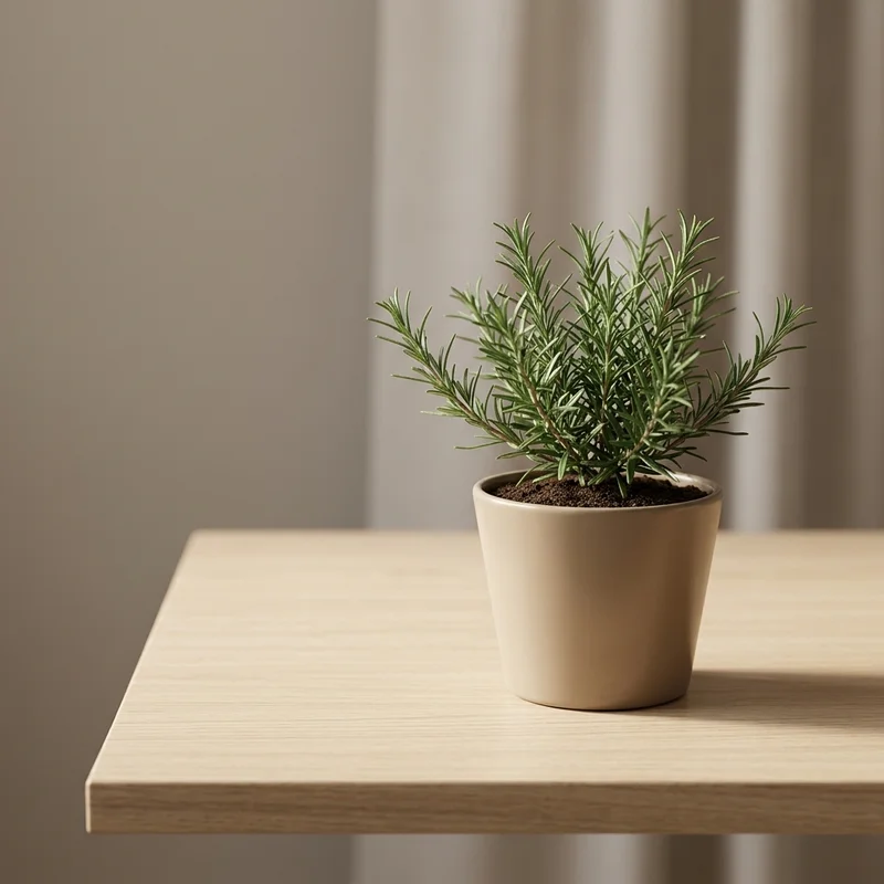 Potted rosemary on a light wood desk