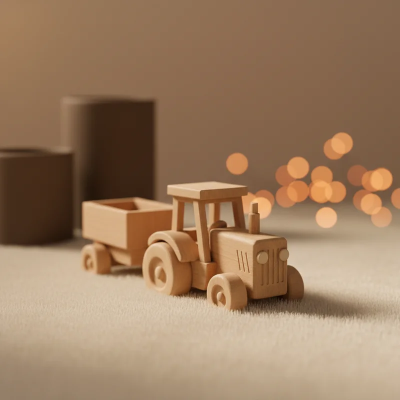 Wooden toy tractor on soft rug