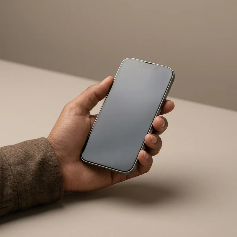 Hand holding smartphone on beige