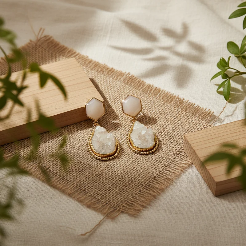 Artisanal crystal earrings on burlap