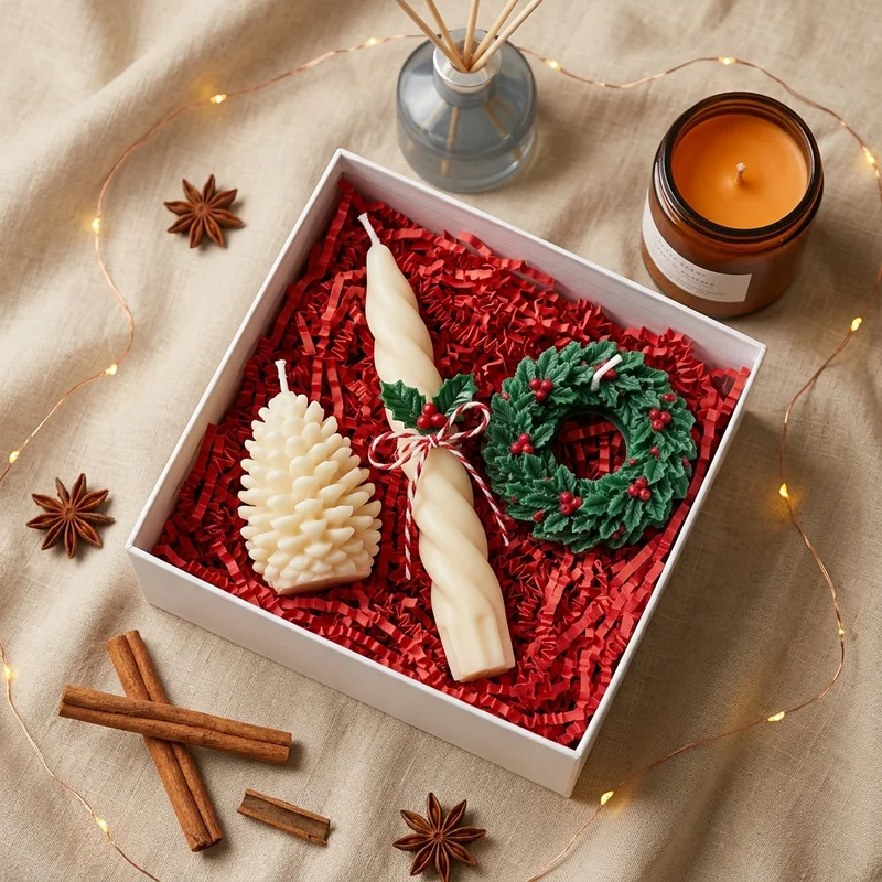Christmas candle gift box flat-lay