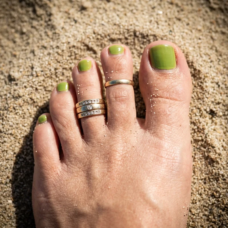 Gold toe rings on sandy beach foot